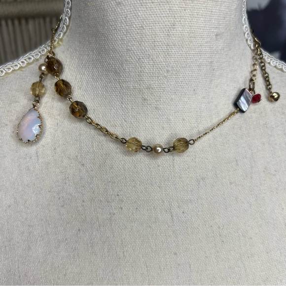 Handmade vintage and new pieces mixed up-cycled necklace with real stone pendant - Picture 10 of 13